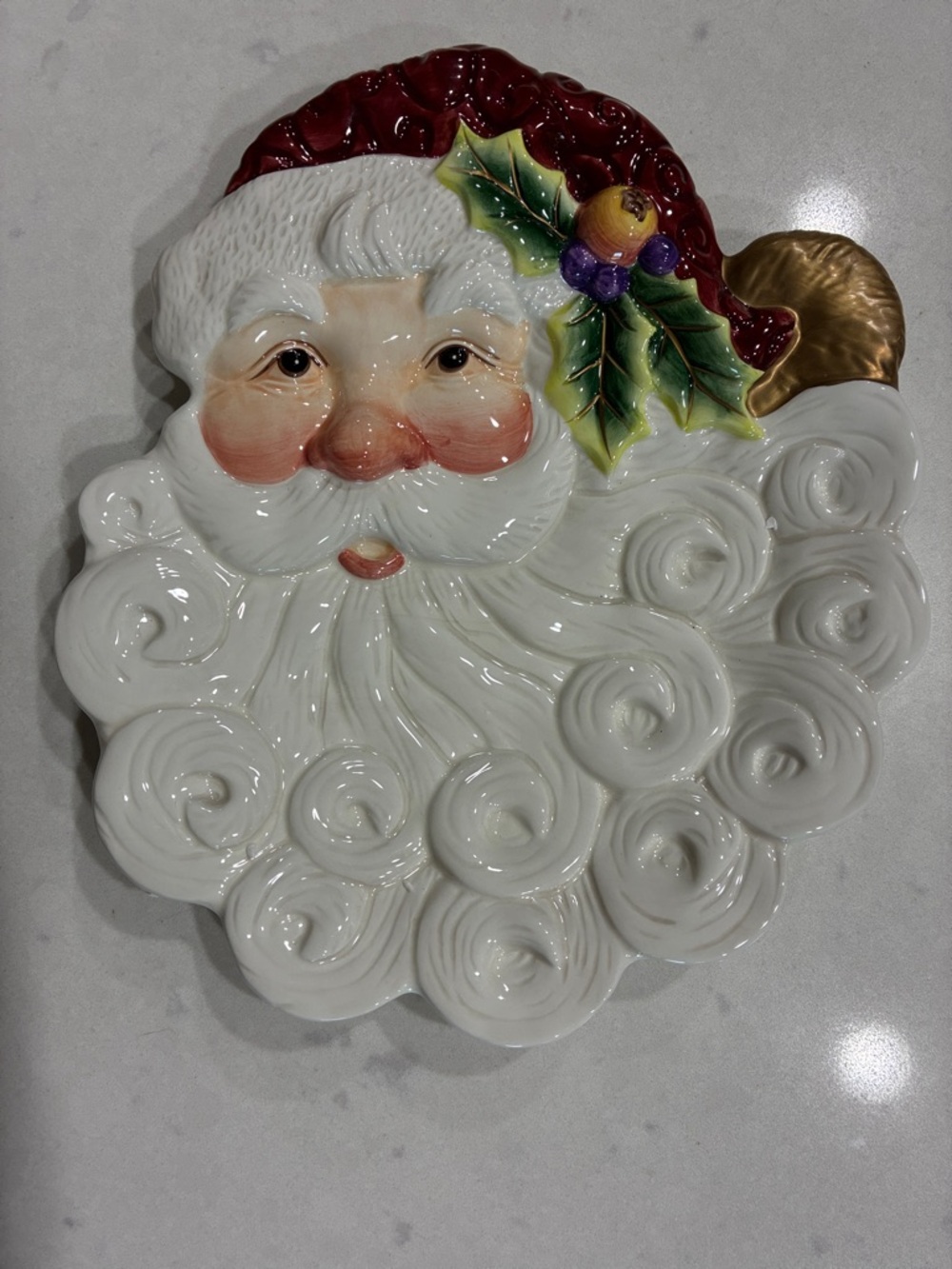 Fitz and Floyd Santa Face Ceramic Platter - White, Red & Gold